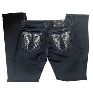 Miss Me dark wash embellished wing pockets straight leg jeans size 29